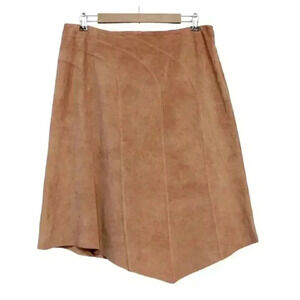 Y2K Asymmetrical Skirt Size 14 Tan Suede Leather Boho Knee A-Line Lined